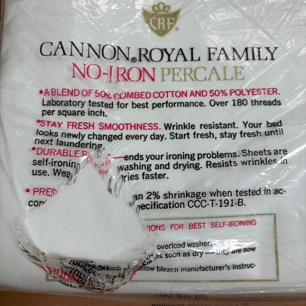 Cannon Royal Family White Full Flat Sheet No-Iron Percale Vintage USA 81x104